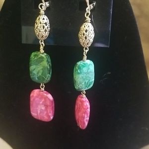 Gold Filigree Earrings with Pink/Green Stone